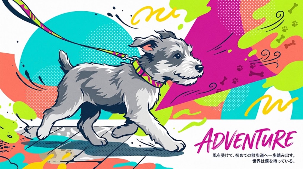 ポスター「ADVENTURE」— リードをつけて歩く ASH。風を受けて、初めての散歩道へ一歩踏み出す。世界は僕を待っている。